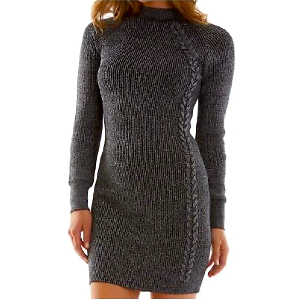 NWT BCX Mock Neck Elevated Side Cableknit Gunmetal Metallic Sweater Dress - Picture 2 of 3